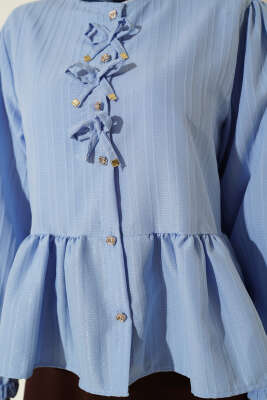 Önü Fiyonklu Fırfırlı Kısa Gömlek Mavi - Gömlek