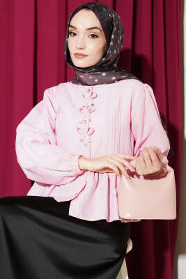 Önü Fiyonklu Fırfırlı Kısa Gömlek Pembe - TABLO FASHİON