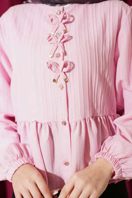 Önü Fiyonklu Fırfırlı Kısa Gömlek Pembe - Gömlek