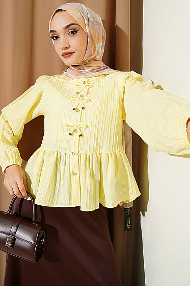 Önü Fiyonklu Fırfırlı Kısa Gömlek Sarı - 300-500 TL Ürünler