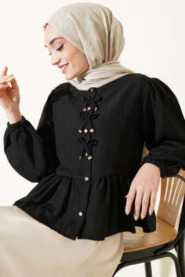 Önü Fiyonklu Fırfırlı Kısa Gömlek Siyah - TABLO FASHİON