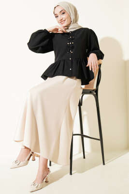 Önü Fiyonklu Fırfırlı Kısa Gömlek Siyah - Gömlek