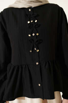 Önü Fiyonklu Fırfırlı Kısa Gömlek Siyah - Gömlek