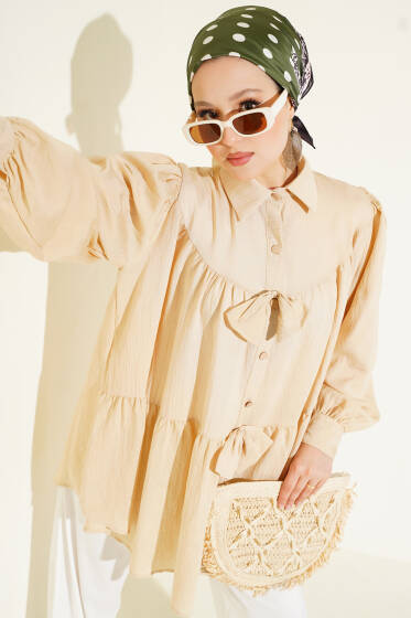 Önü Fiyonklu Tunik Bej - Tunik