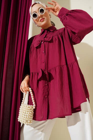 Önü Fiyonklu Tunik Bordo - Tunik