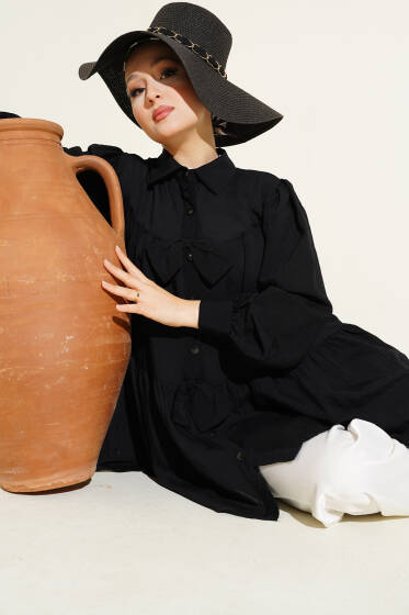 Önü Fiyonklu Tunik Siyah - Tunik