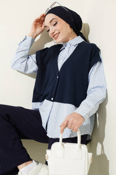 Önü Garnili Çizgili Gömlek Lacivert - Gömlek