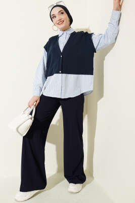 Önü Garnili Çizgili Gömlek Lacivert - Gömlek