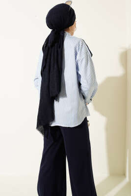 Önü Garnili Çizgili Gömlek Lacivert - Gömlek