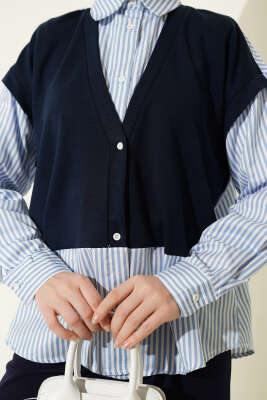 Önü Garnili Çizgili Gömlek Lacivert - Gömlek