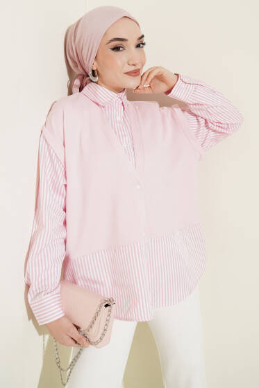 Önü Garnili Çizgili Gömlek Pembe - Gömlek