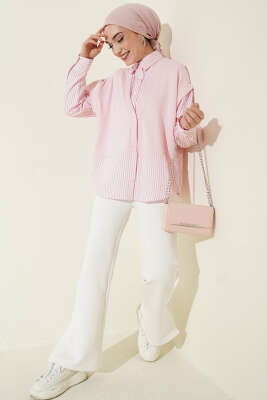 Önü Garnili Çizgili Gömlek Pembe - Gömlek
