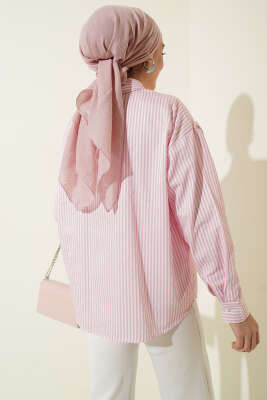 Önü Garnili Çizgili Gömlek Pembe - Gömlek