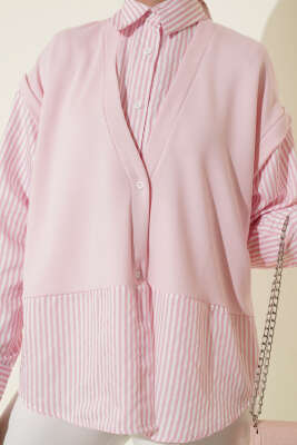 Önü Garnili Çizgili Gömlek Pembe - Gömlek
