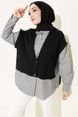 Önü Garnili Çizgili Gömlek Siyah - DİVON