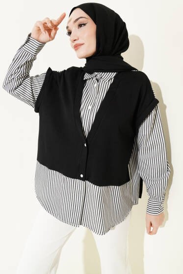 Önü Garnili Çizgili Gömlek Siyah - Gömlek