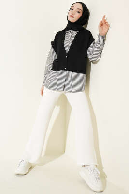 Önü Garnili Çizgili Gömlek Siyah - Gömlek