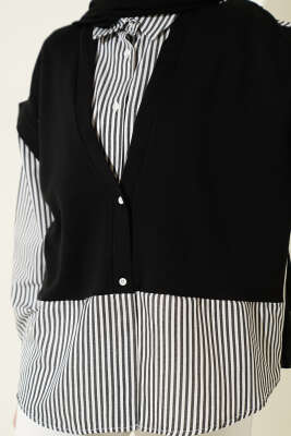 Önü Garnili Çizgili Gömlek Siyah - Gömlek