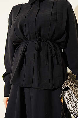 Önü Geniş Pileli Modal Etekli Takım Siyah - İkili Takım