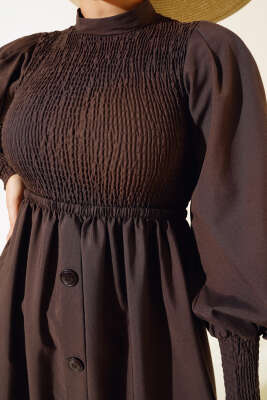 Önü Gipeli Elbise Acı Kahve - Tesettür Elbise