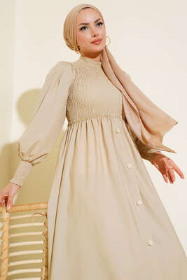 Önü Gipeli Elbise Bej - Tesettür Elbise
