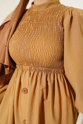 Önü Gipeli Elbise Camel - Tesettür Elbise