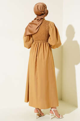 Önü Gipeli Elbise Camel - Tesettür Elbise
