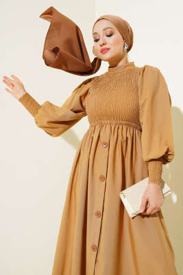 Önü Gipeli Elbise Camel - Tesettür Elbise