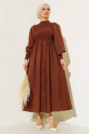 Önü Gipeli Elbise Kestane - Elbise