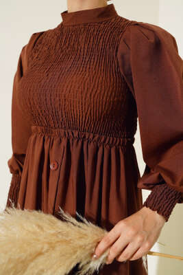 Önü Gipeli Elbise Kestane - Tesettür Elbise