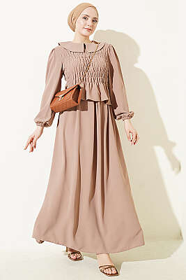 Önü Gipeli Etekli İkili Takım Kum Bej 