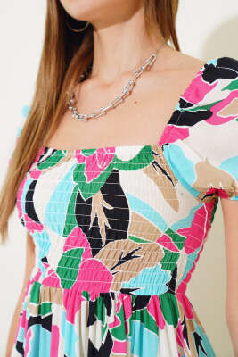 Önü Gipeli Kare Yaka Elbise Fuşya Mavi - Kadın Giyim Modelleri