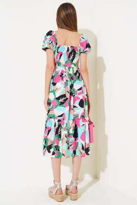 Önü Gipeli Kare Yaka Elbise Fuşya Mavi - Kadın Giyim Modelleri