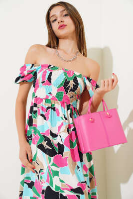 Önü Gipeli Kare Yaka Elbise Fuşya Mavi - Kadın Giyim Modelleri