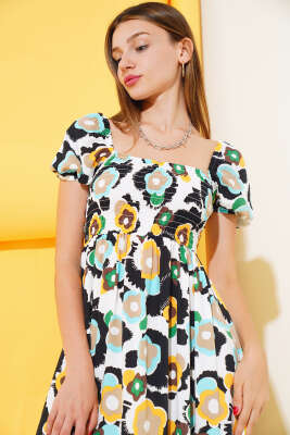 Önü Gipeli Kare Yaka Elbise Siyah Mint - Kadın Giyim Modelleri