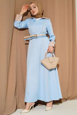 Önü Gizli Fermuarlı Çift Kemerli Elbise Bebe Mavi - BERAT TEKSTİL