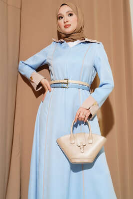 Önü Gizli Fermuarlı Çift Kemerli Elbise Bebe Mavi - Elbise