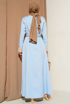 Önü Gizli Fermuarlı Çift Kemerli Elbise Bebe Mavi - Elbise