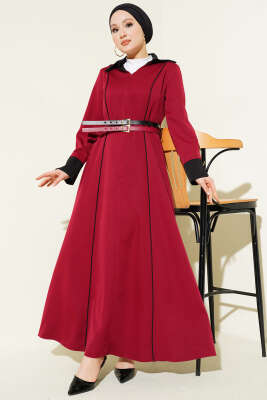 Önü Gizli Fermuarlı Çift Kemerli Elbise Bordo - BERAT TEKSTİL