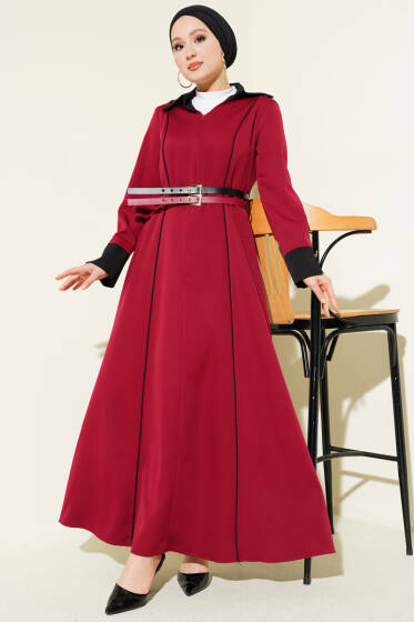 Önü Gizli Fermuarlı Çift Kemerli Elbise Bordo - Elbise