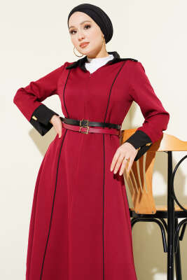 Önü Gizli Fermuarlı Çift Kemerli Elbise Bordo - Elbise