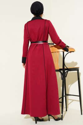 Önü Gizli Fermuarlı Çift Kemerli Elbise Bordo - Elbise