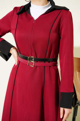 Önü Gizli Fermuarlı Çift Kemerli Elbise Bordo - Elbise