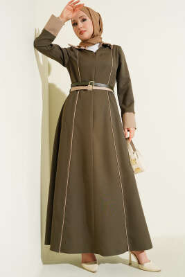 Önü Gizli Fermuarlı Çift Kemerli Elbise Haki - BERAT TEKSTİL