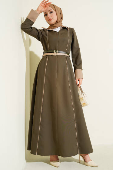 Önü Gizli Fermuarlı Çift Kemerli Elbise Haki - Elbise