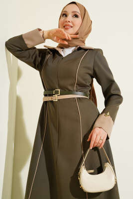 Önü Gizli Fermuarlı Çift Kemerli Elbise Haki - Elbise