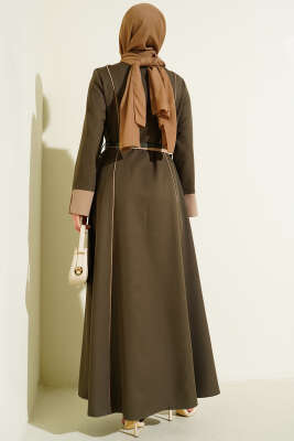 Önü Gizli Fermuarlı Çift Kemerli Elbise Haki - Elbise