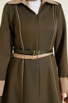 Önü Gizli Fermuarlı Çift Kemerli Elbise Haki - Elbise