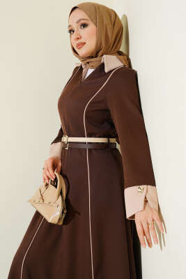 Önü Gizli Fermuarlı Çift Kemerli Elbise Kahve - BERAT TEKSTİL