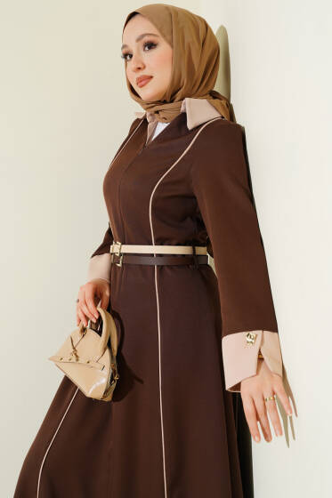 Önü Gizli Fermuarlı Çift Kemerli Elbise Kahve - Elbise